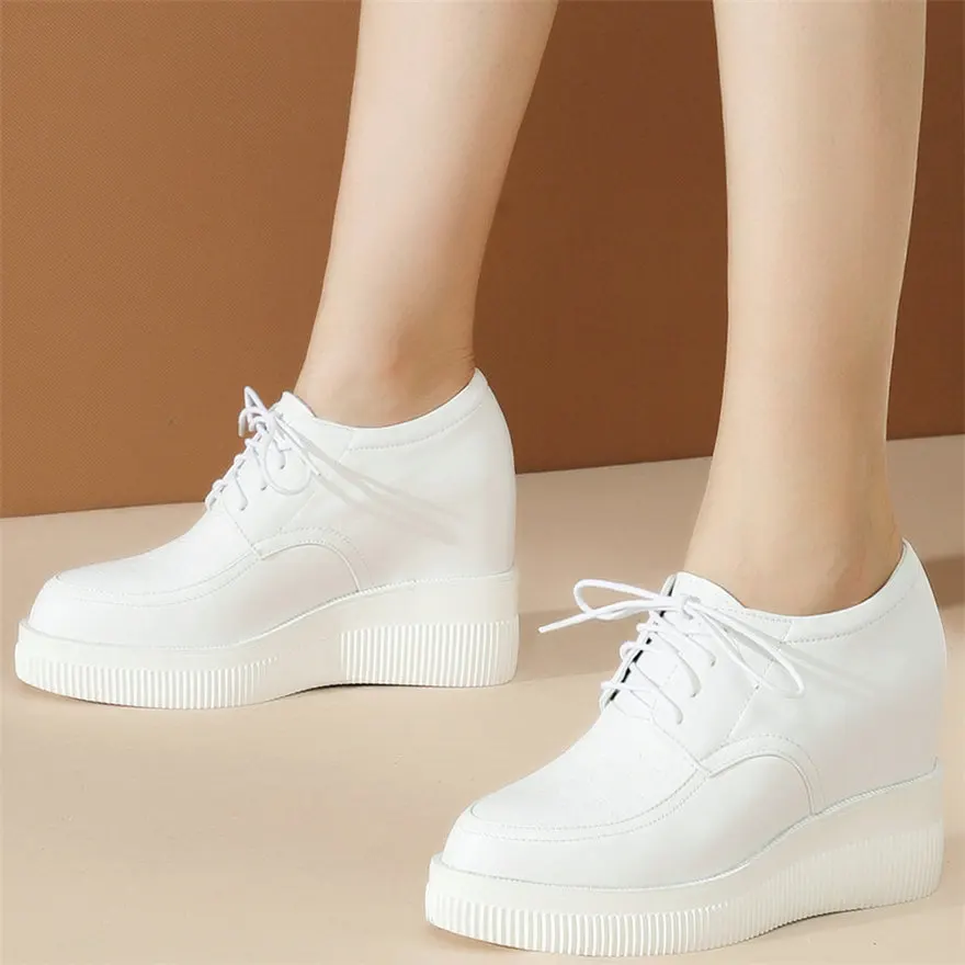 Casual Shoes Women Genuine Leather Wedges High Heel Ankle Boots Female Lace Up Pointed Toe Fashion Sneakers Low Top Trainers