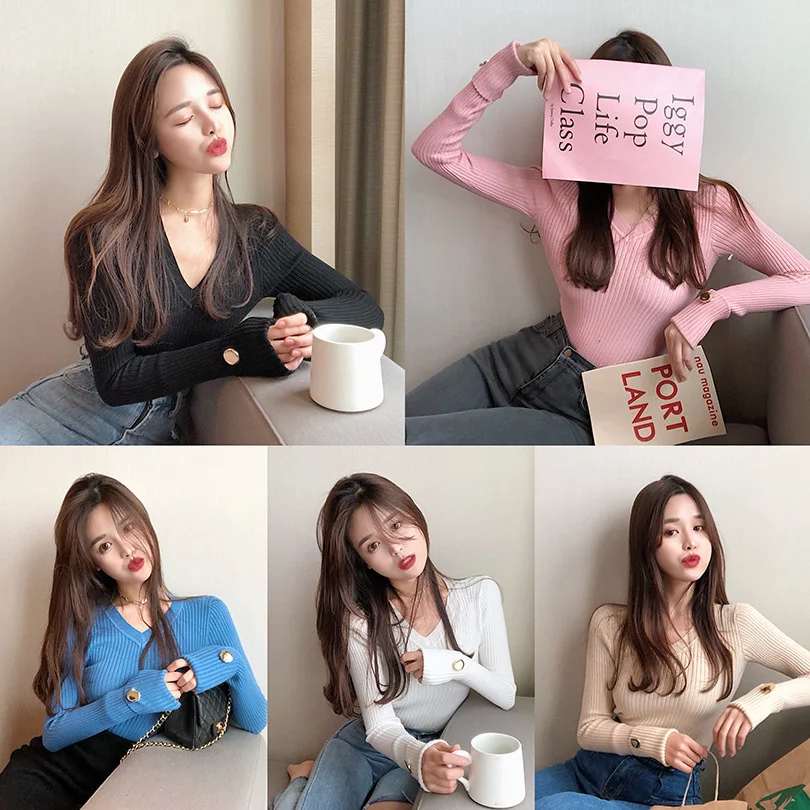 

V-neck Sweater Women's Tight and Thin Pure Desire to Wind Inside with Long Sleeve Bottomed Shirt Autumn and Winter Spice Girl