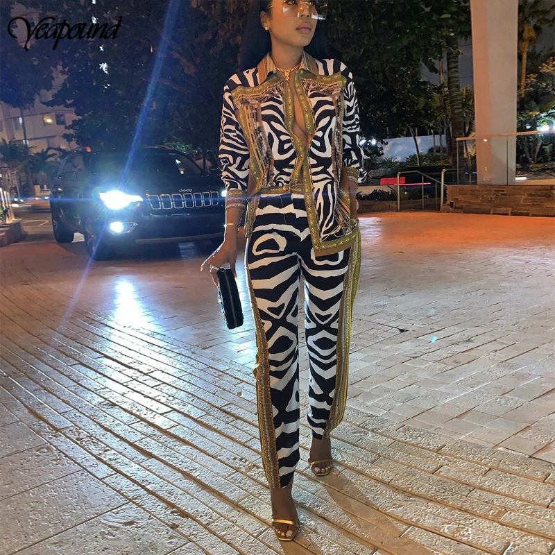 

2020 Zebra Print Shirt Zipper Short Sets Full Casual Single Breasted Turn-down Collar Shirt +pants Set Summer Autumn Suits