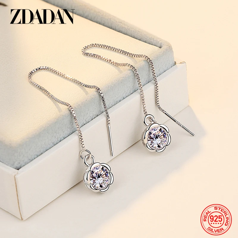 

ZDADAN 925 Sterling Silver Rose Flower Zircon Long Chain Hanging Ear Line For Women Fashion Wedding Jewelry Gift