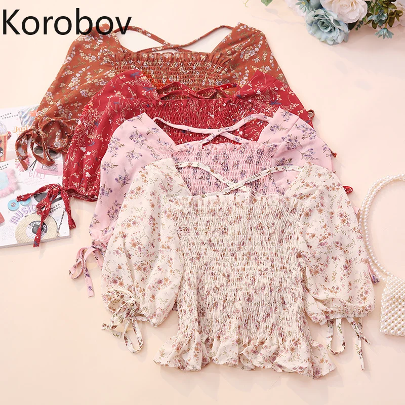 Korobov Корейская шикарная шифоновая рубашка с квадратным воротником и открытым
