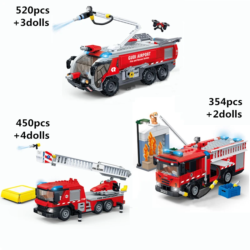 

City Car Rescue Emergency Ladder Airport Fire Truck Building Blocks Classic Model Vehicle Kit Bricks Firemen Figures Kids Toys