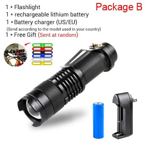 Package B Мини светодиодный фонарик водонепроницаемый светодиодный фонарик с регулируемым фокусом вспышка 14500 18650 батарея походный фонарь наружное освещение - Испускаемый цвет: Package B