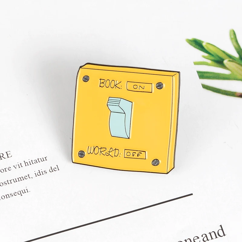 QIHE JEWELRY Yellow Square Pin Book ON World OFF Enamel Study Badge Denim Jeans Bags Jewelry Gift for Friends | Украшения и