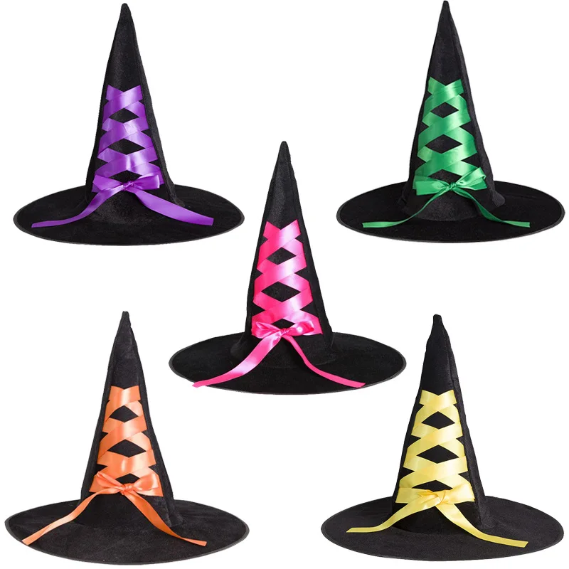 

New Halloween Witch Hat Ribbon Party Cap Magic Black Spire Hot for Adults and Kids Costume Supplies