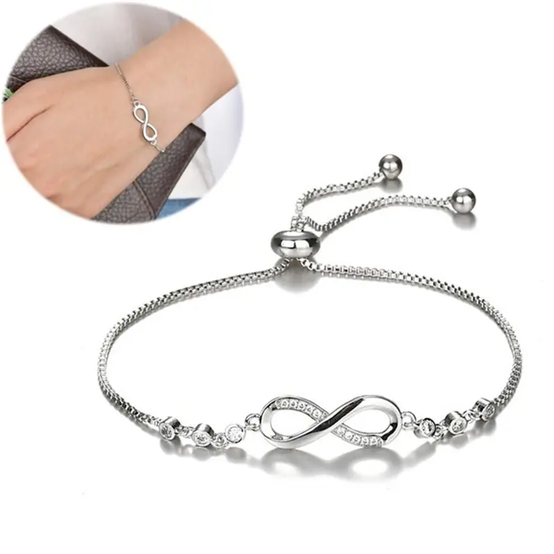 

925 Sterling Silver Charm Bracelet Jewelry Infinity Eight Crystal Diamond Link Chain Bracelet Ankle Bracele