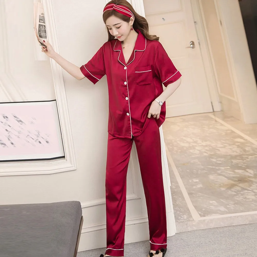 

Womens Silk Satin Pajamas Pyjamas Set Short Sleeve Sleepwear Pajamas Suit Female Summer Sleep Loungewear