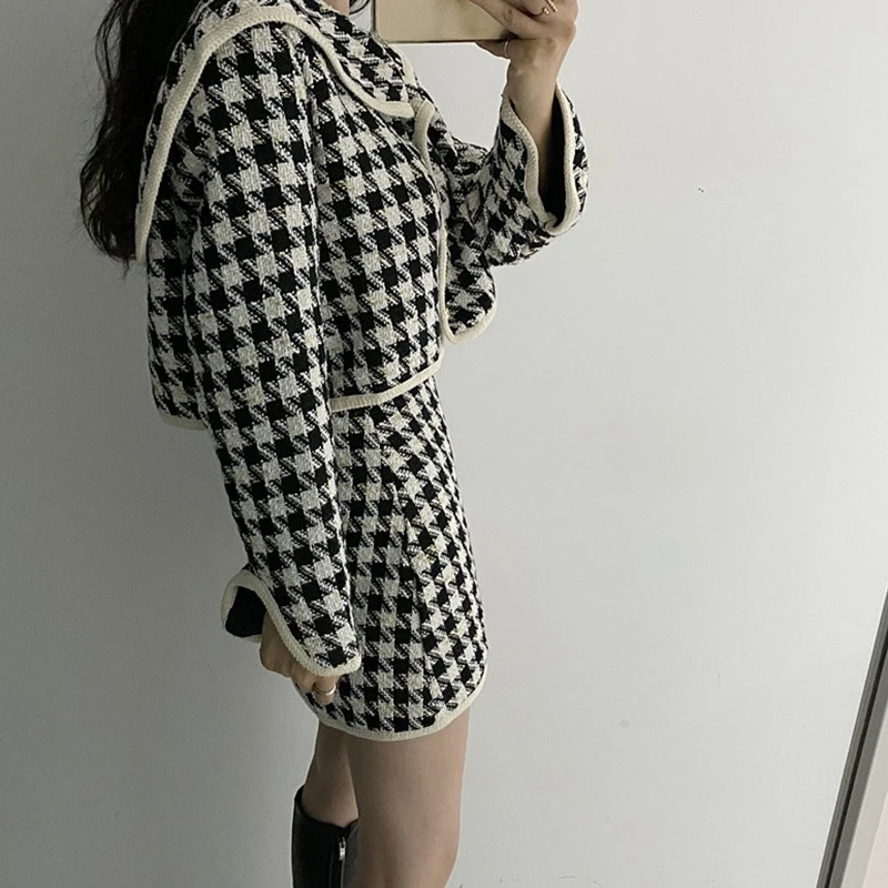 Sungtin Vintage Houndstooth Two Piece Set Women Tweed Mini Bodycon Skirt Suits Lady Elegant Cropped Jacket Plaid Korean Chic |