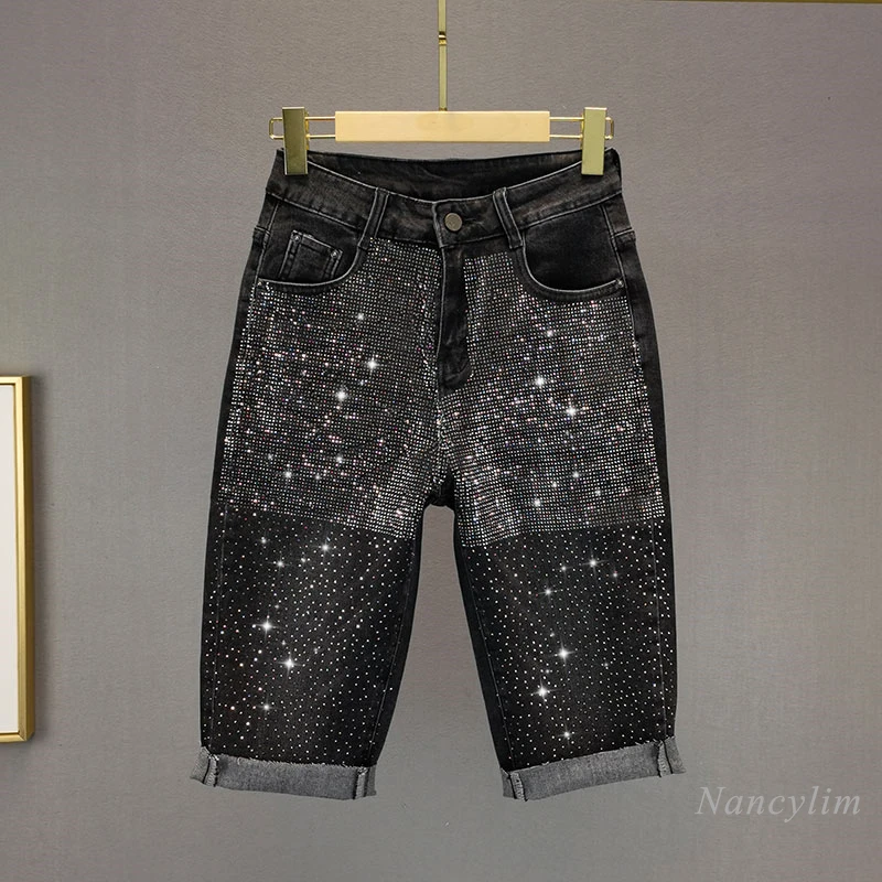 

Женские джинсовые шорты со стразами, Новинка лета 2021, хлопковые черные Популярные штаны с высокой талией и эластичным поясом, джинсовые брю...