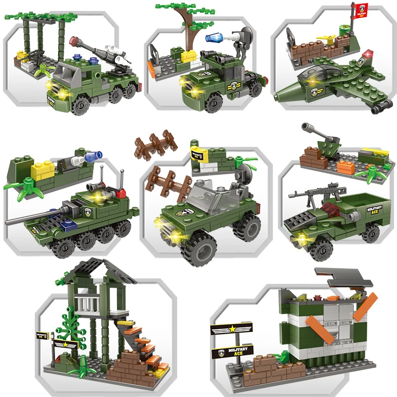 8 в 1 Военный танк самолет строительные блоки игрушка полицейский грузовик