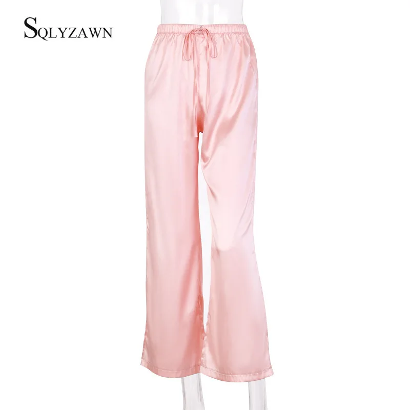 Милые розовые зеленые модные широкие брюки женские уличные элегантные палаццо