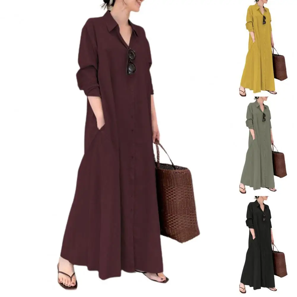 

Women Fashion Casual Long Dress Solid Color Single-breasted Long Sleeve Lapel Large Hem Dress Streetwear Office