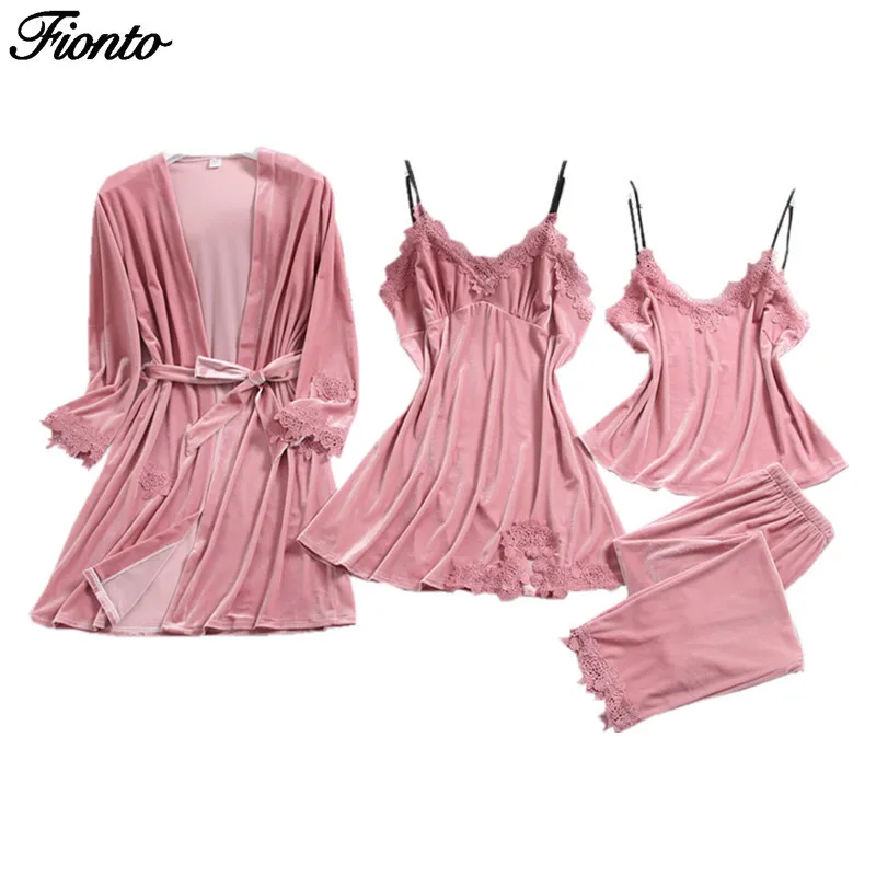 Теплая зимняя Пижама FIONTO из 4 предметов с золотым бархатным утеплителем женский