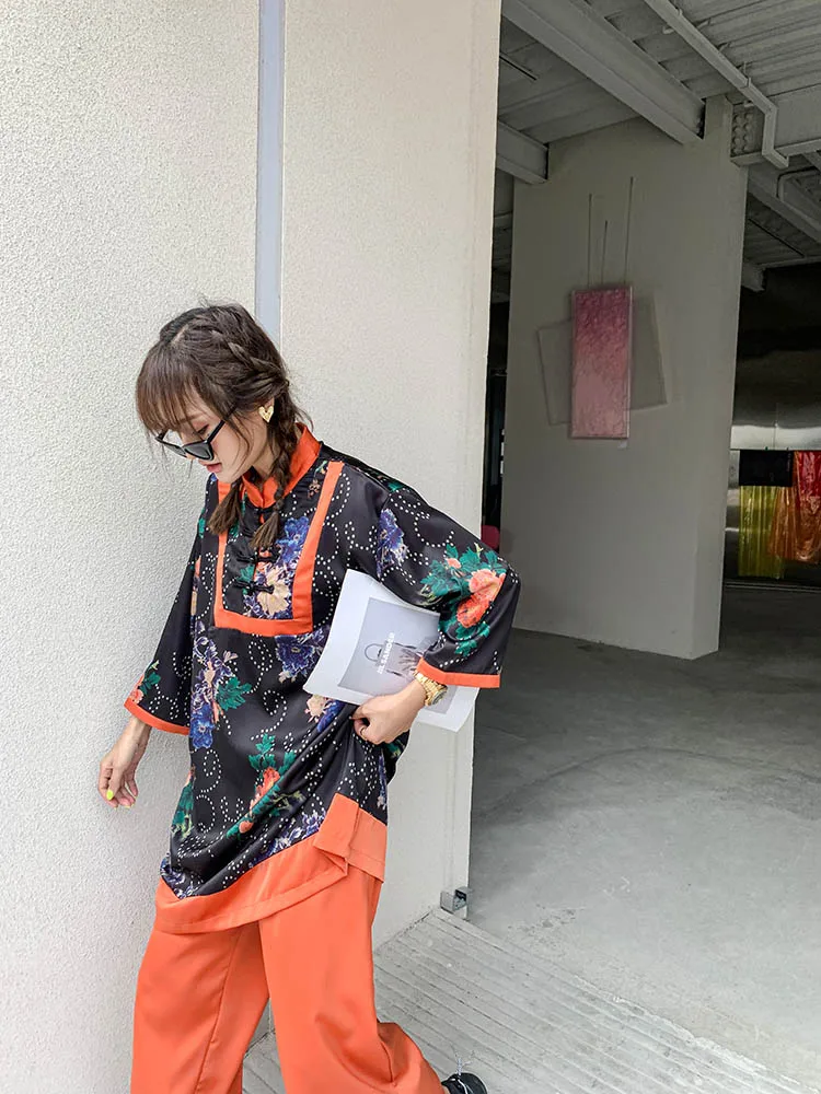 

2021 Summer Women Chinese Style Loose Cheongsam Tops+Wide Leg Pants