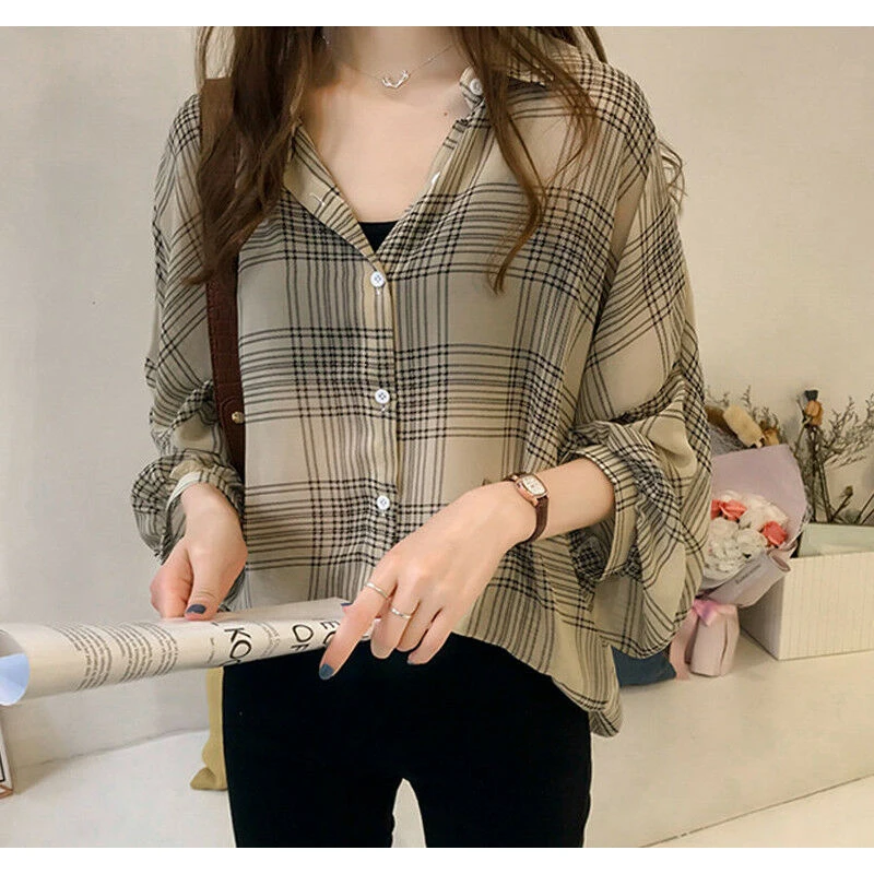 Клетчатая рабочая рубашка для женщин с длинным рукавом офисных девушек