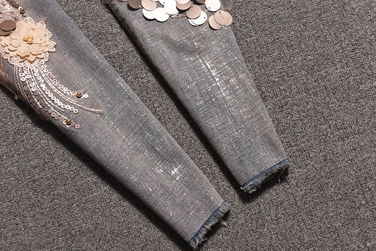 

2019 Sequins Spring Summer Fashion 3D Sequins Florals Beading Jeans Women Denim Stretch Slim Skinny Ankle Length Pants
