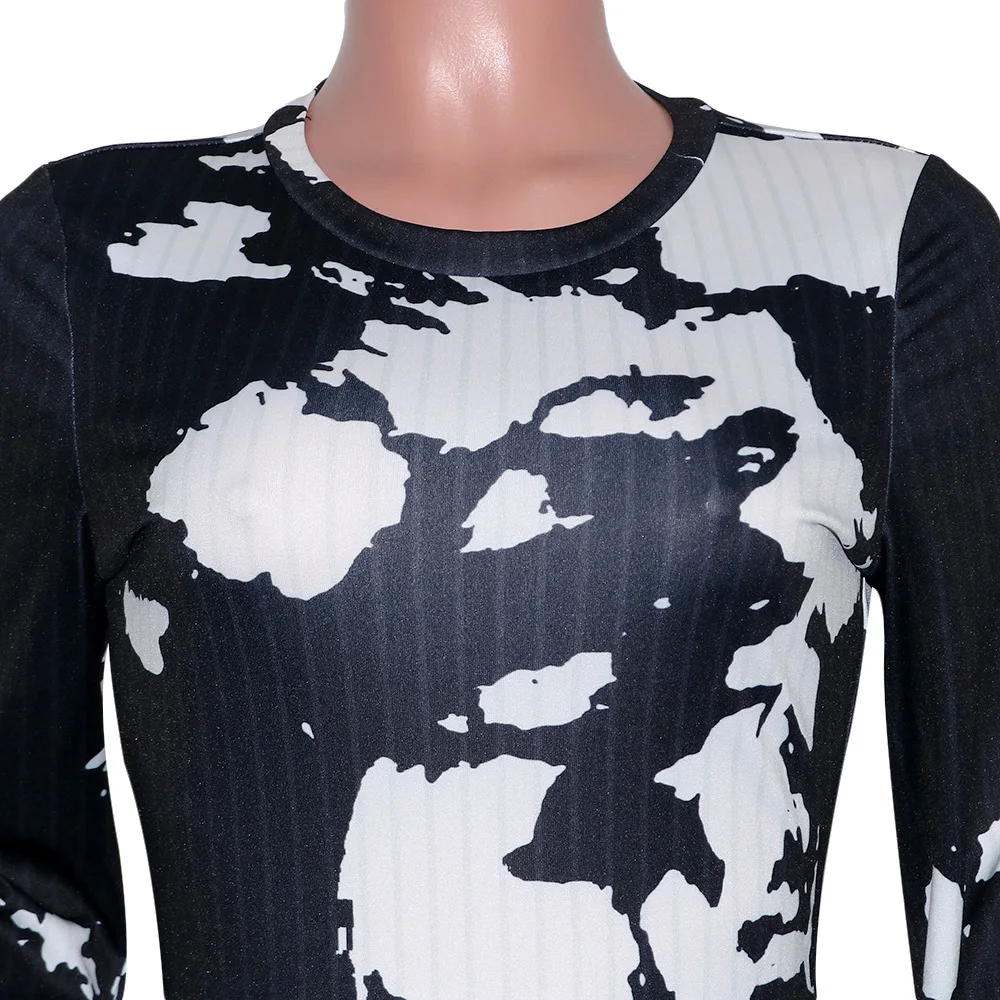 

HAOOHU 2021 Spring Tie Dye Print O-neck Long Sleeve Jumpsuit for Women Streetwear Skinny One Piece Overall Rompers