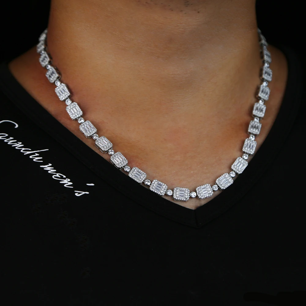 

wholesale iced out bling cz cluster tennis chain choker necklace hiphop baguette 5A clear cubic zirconia mens choker jewelry