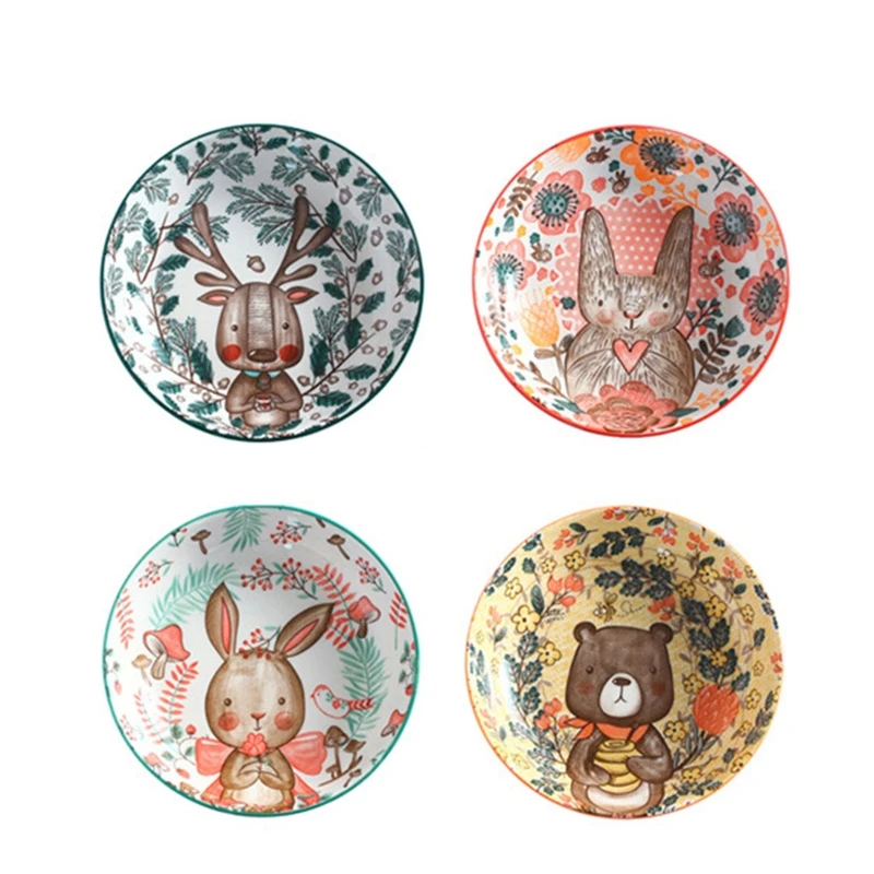 

H051 Cute Cartoon Ceramic Plate Dinnerware Round Shape Dessert Plates Appetizer Plates 4 Different Animals Patterns to Choose