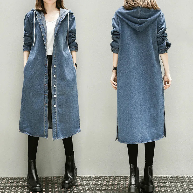 Женская джинсовая ветровка с капюшоном синяя Длинная большого размера 3xl 4xl 5xl