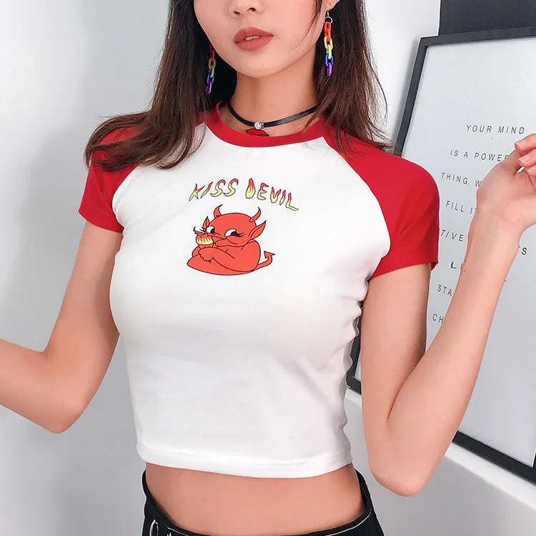 Женский короткий топ с принтом Kiss Devil в стиле Харадзюку летняя футболка коротким