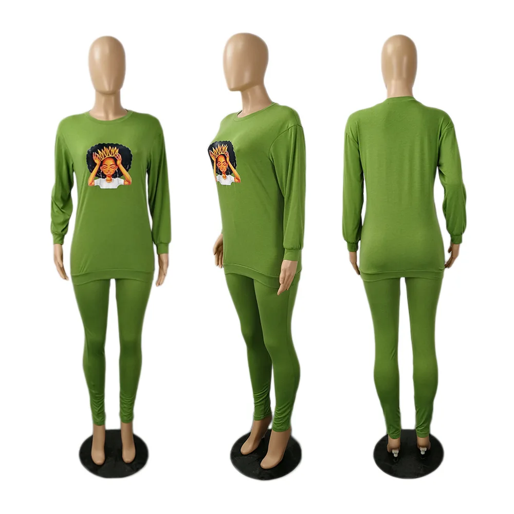 

Fall 2020 new fashion cartoon print sports two piece set casual loose o-neck long sleeve T-shirt and trousers women's set