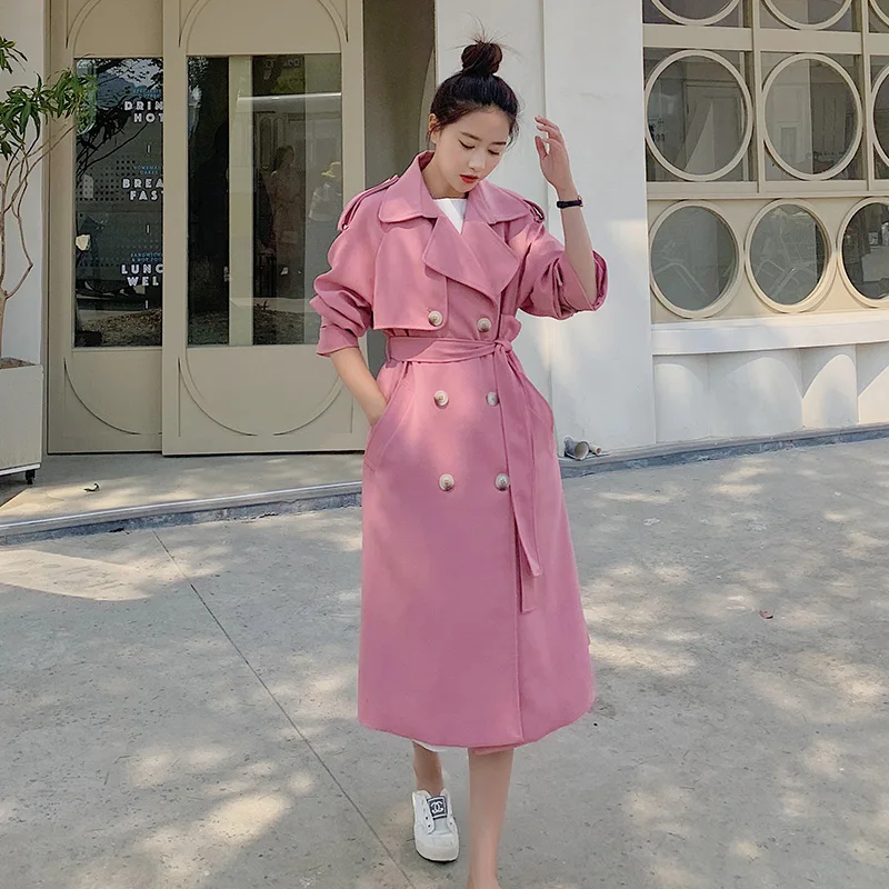 

Pink Trench Coat for Women Fashion Elegant Korean Double Breasted Loose Casual Belt Long Windbreaker Outerwear Spring Fall 6610