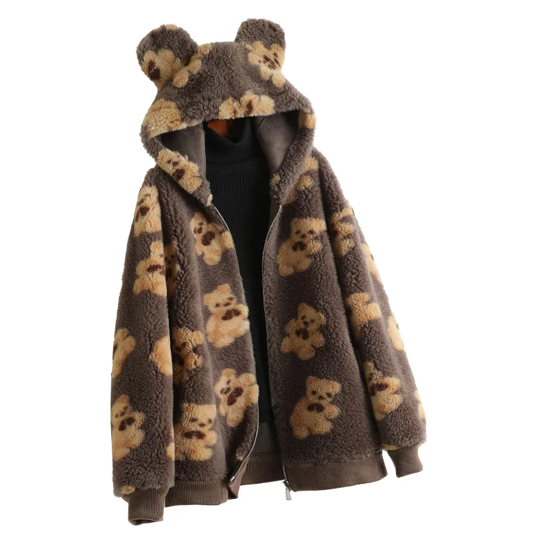 

Genuine Blended Wool Fur Coat With Hoody Winter Women Warm Outerwear Suit LF21002KQN