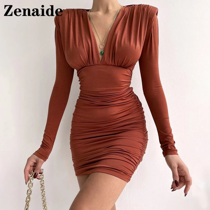 

Zenaide 2021 Autumn Winter V Neck Bodycon Mini Dress Elegant Brown Long Sleeve With Shoulder Pads Black Women Sexy Party Dresses