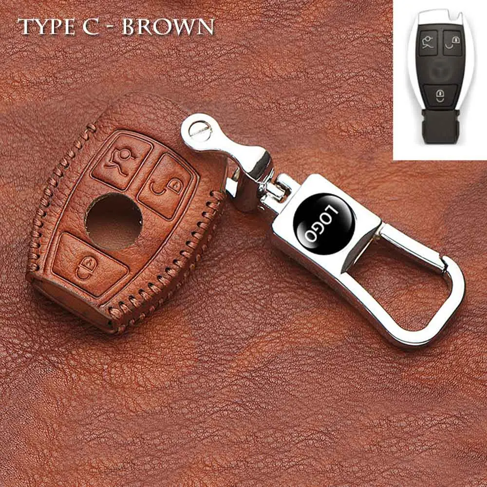 Type C - Brown Кожаный чехол для ключей автомобиля, чехол для ключей для Mercedes Benz W203 CLS CLA GL R SLK AMG A B E C S Class, держатель для пульта дистанционного управления, автомобильные аксессуары - Название цвета: Type C - Brown
