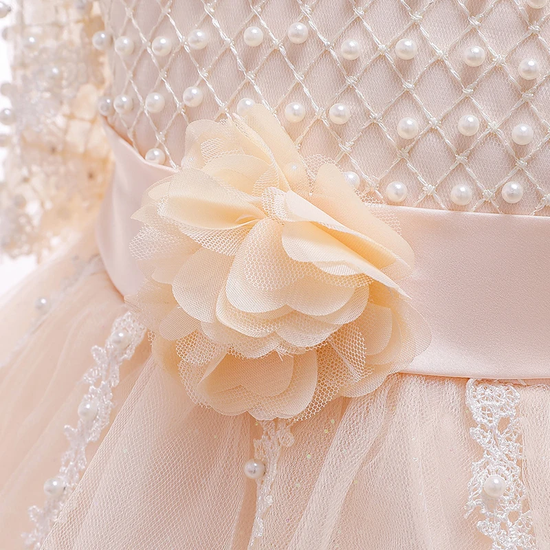 

Flower Girls Dresses Short Appliques Pearls Embroidery Knee-Length O-Neck Tulle Lace Luxury White Kids Party Princess Gown F423