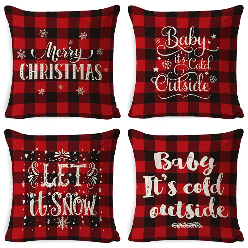 

Merry Christmas Gift Pillowcase Polyester Red Plaid Text Decoration Cushion Cover For Home Sofa Throw Pillow case 45X45cm cojine