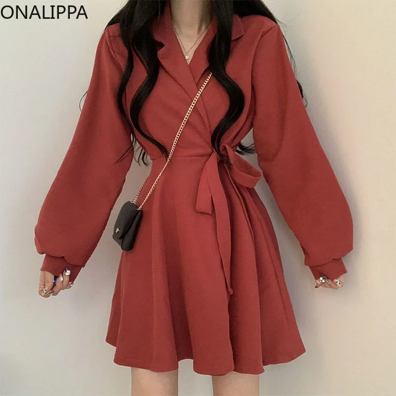 

Женское шерстяное платье Onalippa на раннюю весну, милые Костюмные воротники со шнуровкой, короткие женские платья с рукавами-фонариками