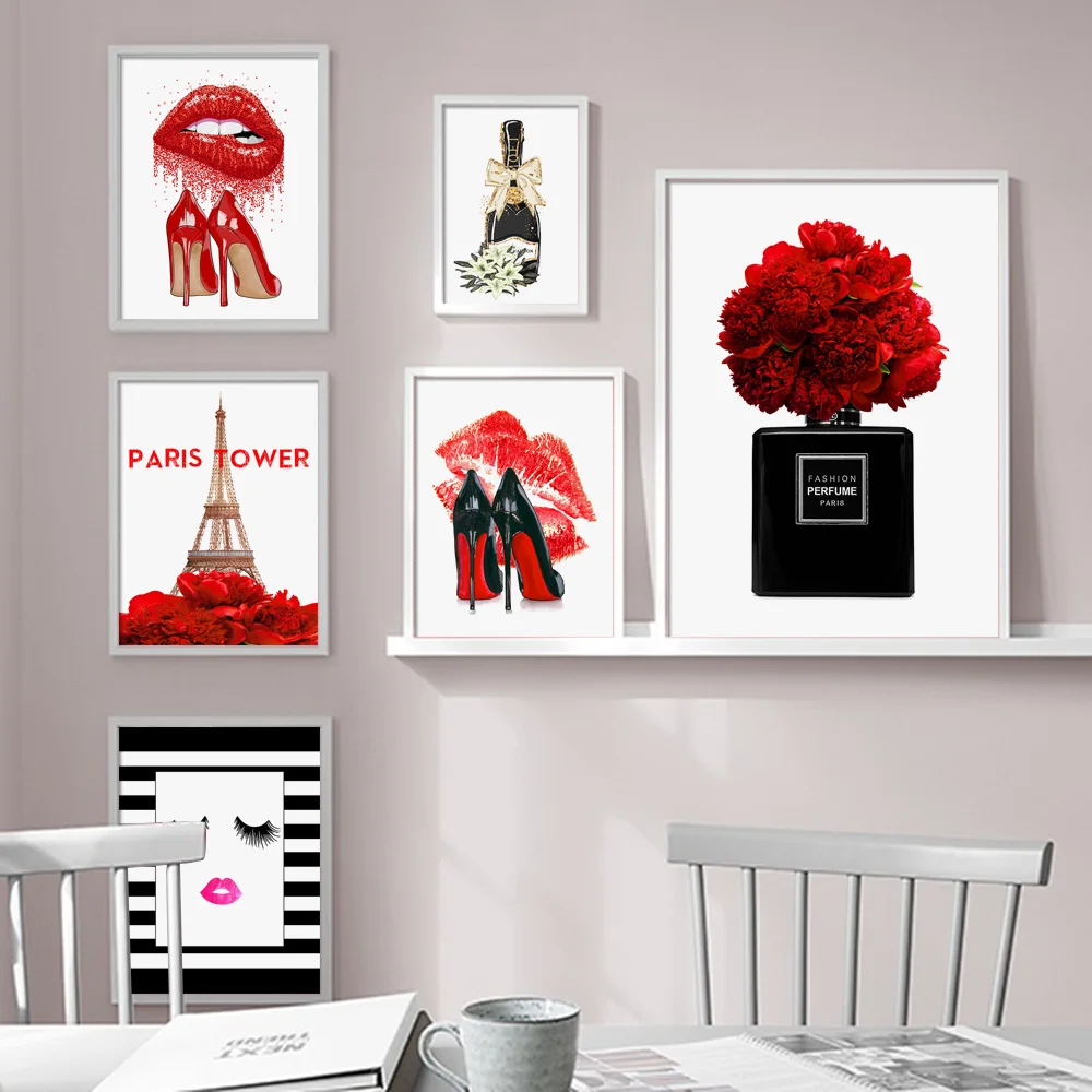 Модные Парижские духи красные губы цветок decoracion hogar современный настенный