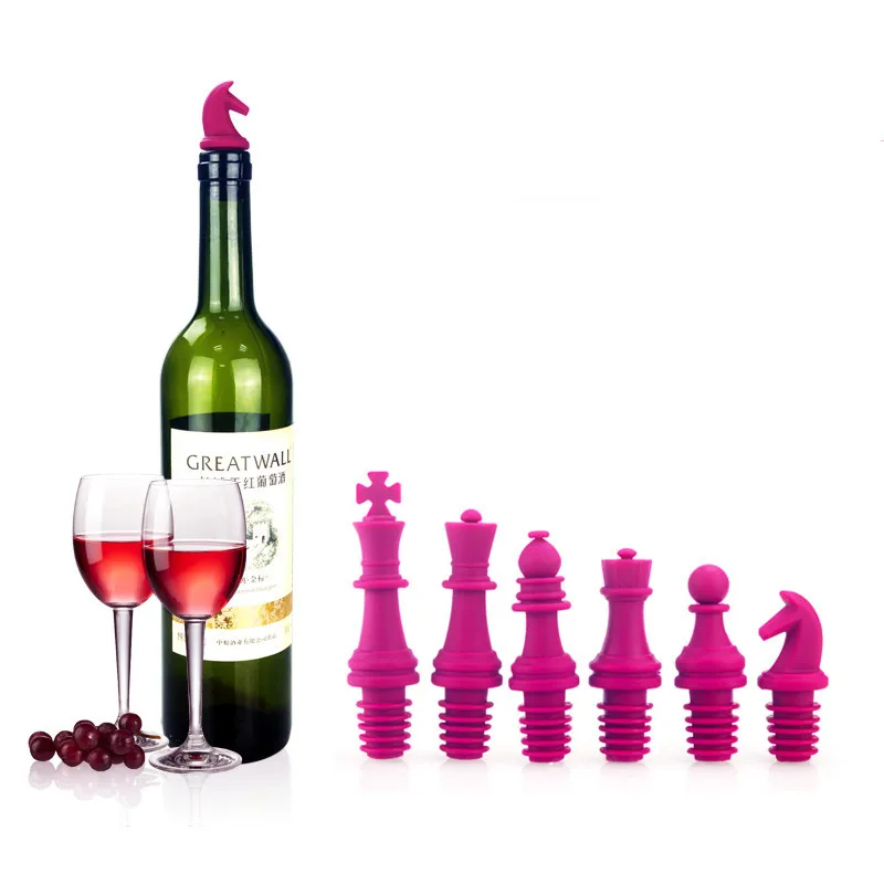 

3D Food grade silicone chess Wine Stopper Set bottle stopper creative seal wine stopper 6 Pack 3D chess red wine stopper