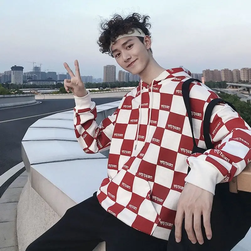 

Spring 2021 new men's trendy brand hooded plaid sweater men's Korean casual loose student shirt