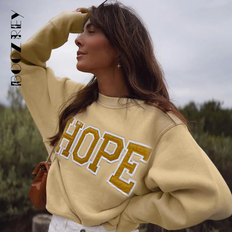 

BoozRey Women Casual Pullover Sweater Letter Patch Round Neck Sweater with Velvet Loose Top Sweaters Fall Clothes for Women