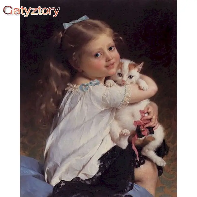 

GATYZTORY 60X75cm Oil Painting By Numbers Girl And Cat DIY Paint by numbers On Canvas Home Decor Frameless Digital Painting