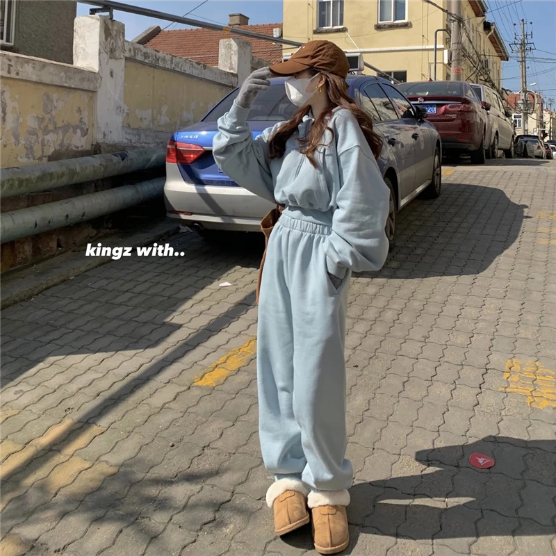 Winter Fleece Warm Tracksuits Setup 2021 Woman Casual Short Hoodie Pullover With Loose Harem Pants Trousers Two-Piece Set |