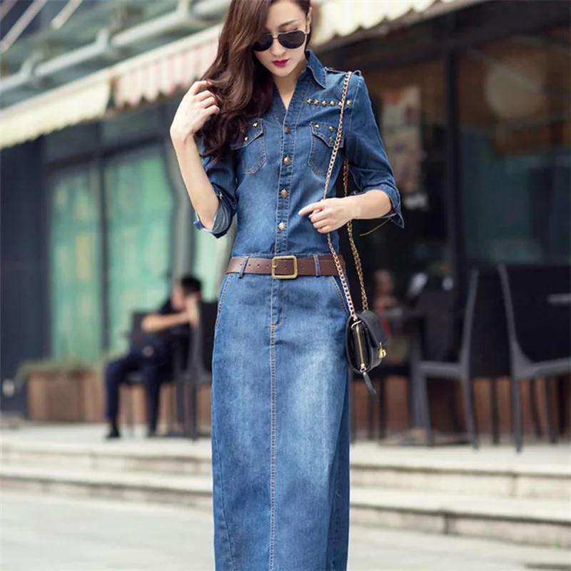 

Spring Autumn Women Long Denim Dress Vintage Long Sleeve Ladies Denim Dresses
