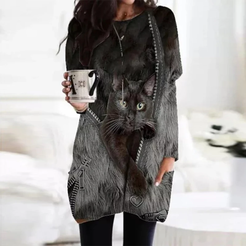 

Fashion 3D Cat Printed Ladies Long Blouse Shirt Women Casual O Neck Pullover Tops Streetwear Long Sleeve Plus Size Shirt Blusas