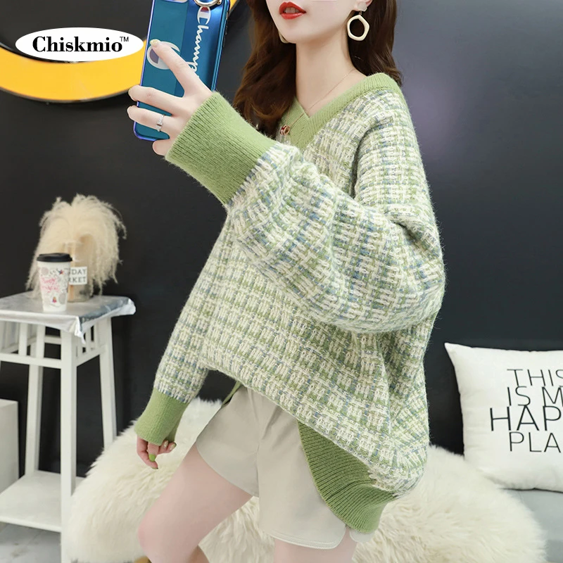 

Пуловер женский свободный, с V-образным вырезом и длинными рукавами