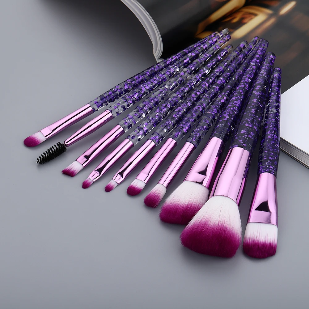 10pcs purple FLD 10 шт. набор блестящих кистей для макияжа кристальная ручка кисть для пудры Тональная основа для бровей Тушь для лица Румяна подводка для глаз Инструменты Наборы - Handle Color: 10pcs purple