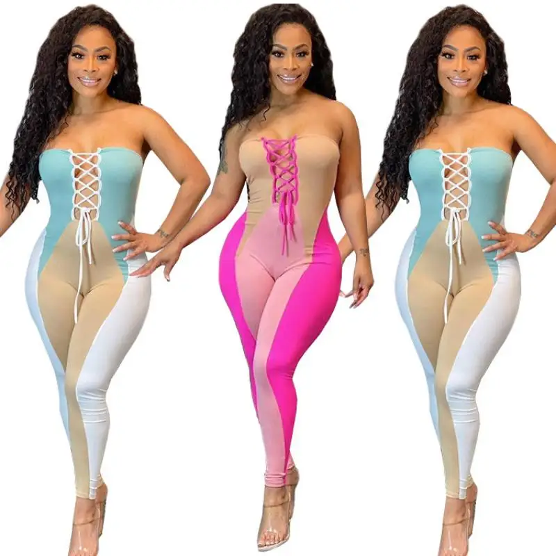 

2021 Summer New Style Fashion Print Chest Wrap Stitching Drawstring Sexy Jumpsuit