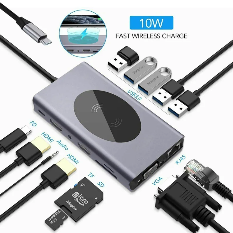 USB C док станция 14в1 Тип к HDMI совместимый VGA RJ45 USB3.0 SD/TF кардридер с PD зарядкой для