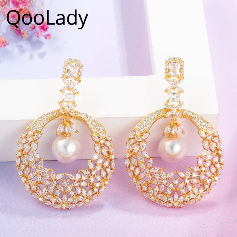 

QooLady Round Hollow Flower Dangling Pearl 585 Gold Color CZ Statement Big Drop Long Earrings for Women Party Jewelry E074