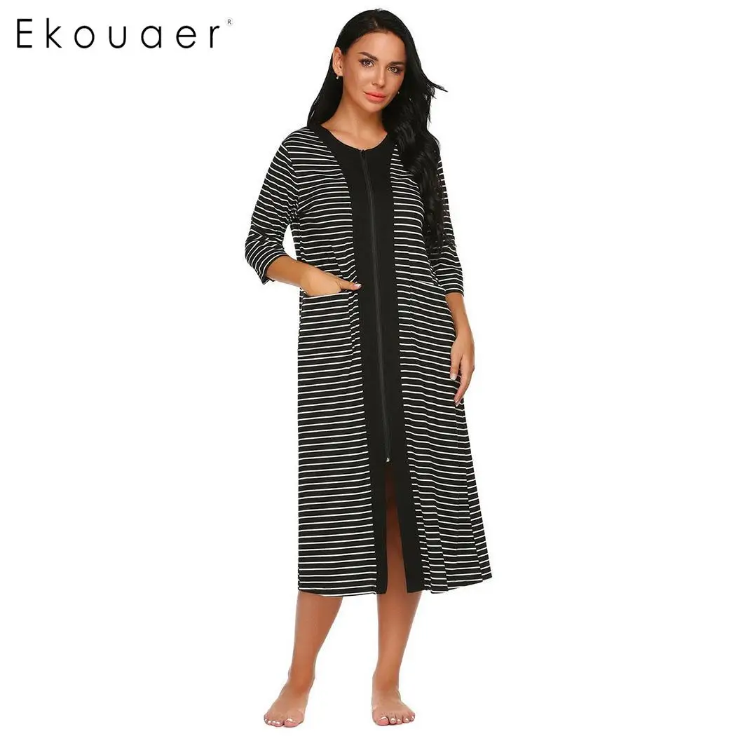 black Ekouaer длинная ночная рубашка женское Полосатое осенне-зимнее ночное платье Ночное белье 3/4 рукав халат на молнии ночная рубашка женская ночная рубашка - Цвет: black