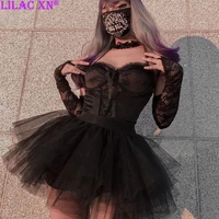 y2k sexy black halter lace up camis gothic aesthetic ruffle backless corset crop top fairy grunge women basic tank tops vest