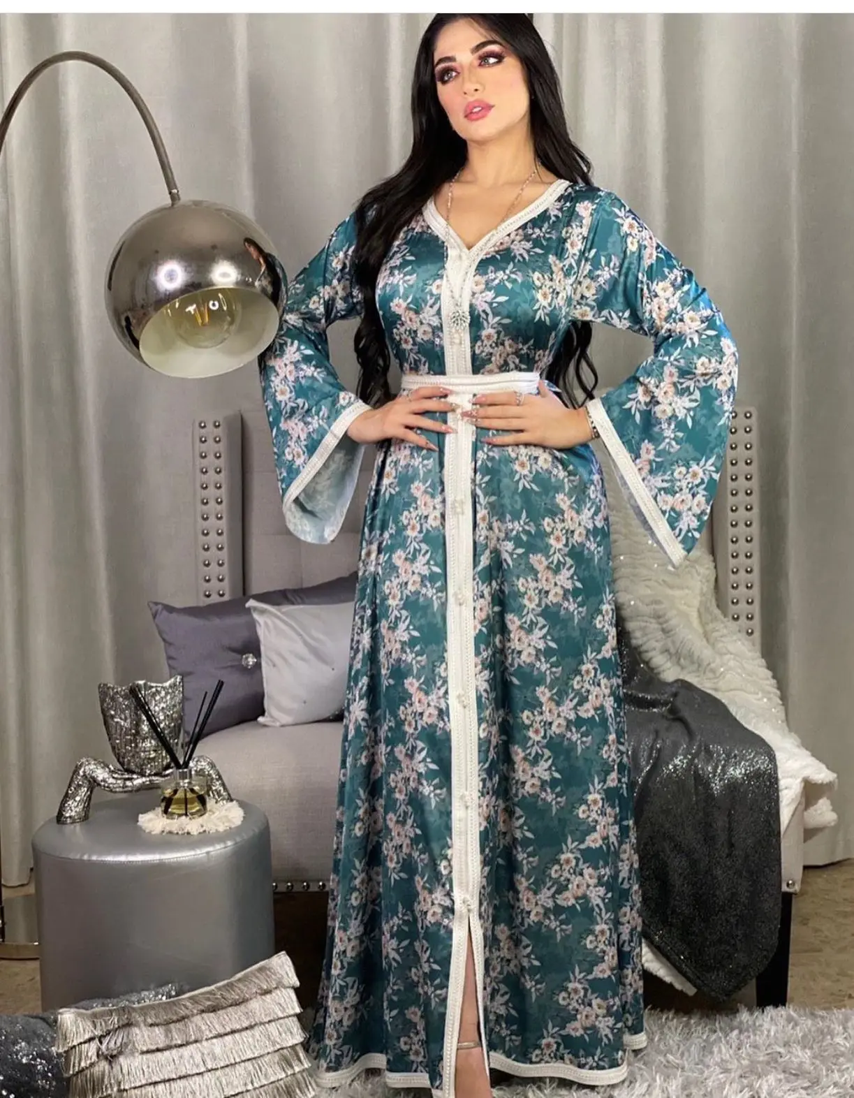 

Middle East Turkey Dubai Printed Floral Long Dress Abaya Muslim Women's Dress Islamic Clothing for Women