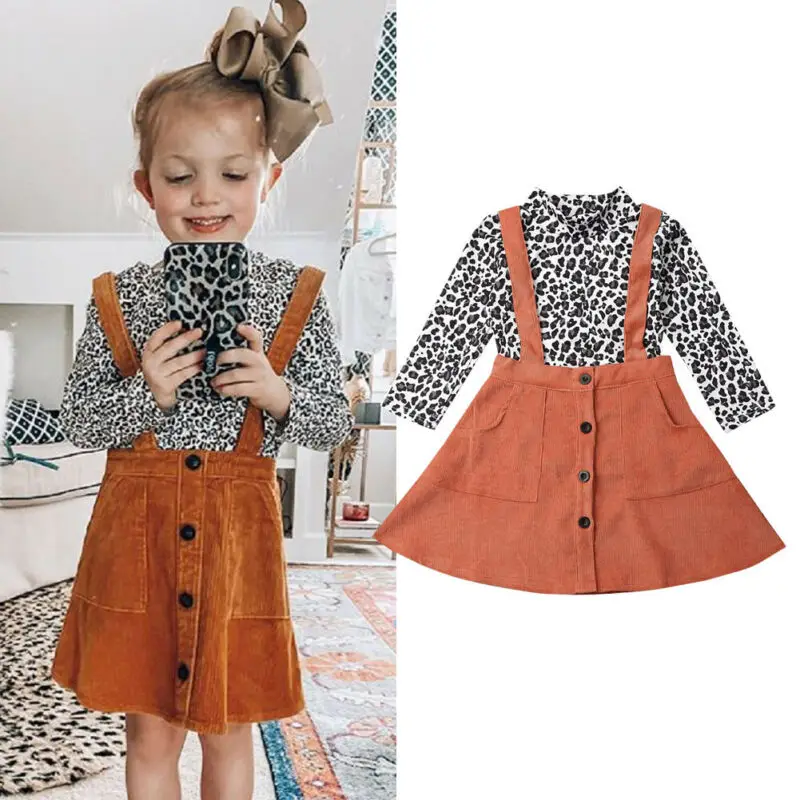 2020 Baby Spring Autumn Clothing Kid Girl Clothes Long Sleeve Leopard Top T-shirt Overall Strap Dress Outfit Set 1-5T |